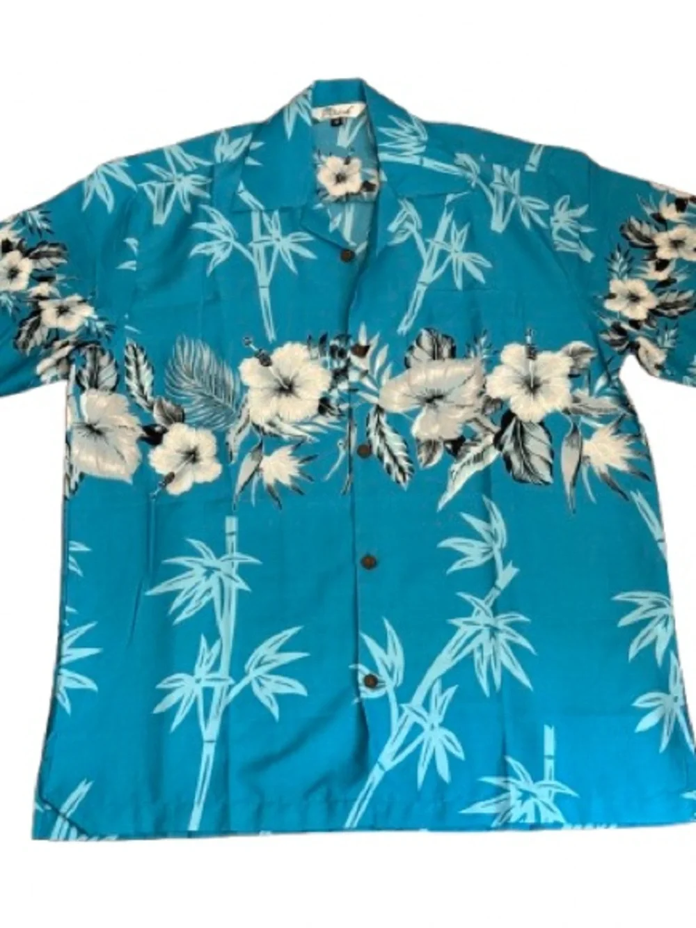 Alvish Turquoise Hawaiian Aloha Camp Shirt Men’s Medium Floral Bamboo Print